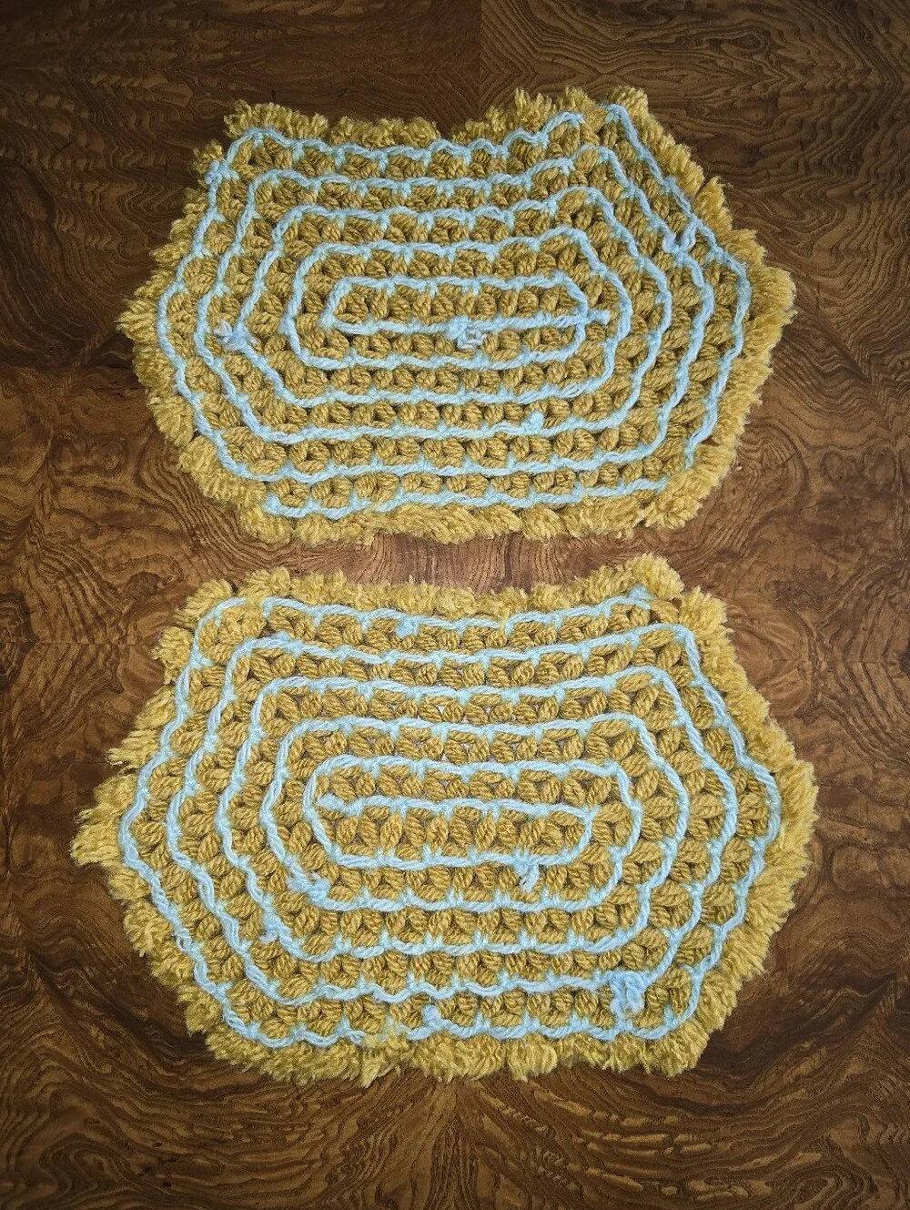 Vintage 70s Crochet Yellow and Light Blue Loom Placemats Set of 2 Handmade